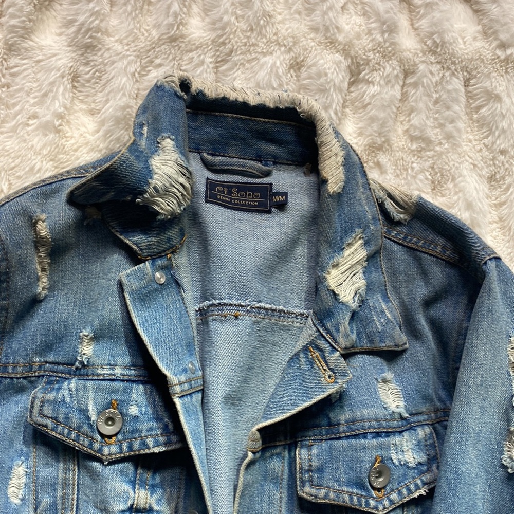 Distressed Fitted Denim Jacket - Picture 2 of 3